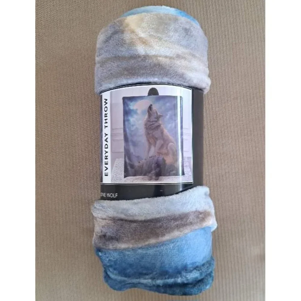 New White Lone Wolf Plush Throw Blanket Gift Full Moon Clouds Night Howl Howling